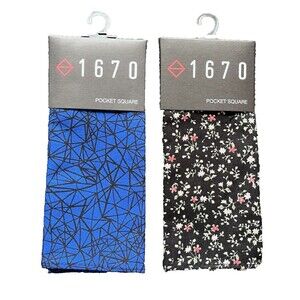 2-Pack, 1670 Pocket Squares Black with White Floral & Blue Geometric, Cotton